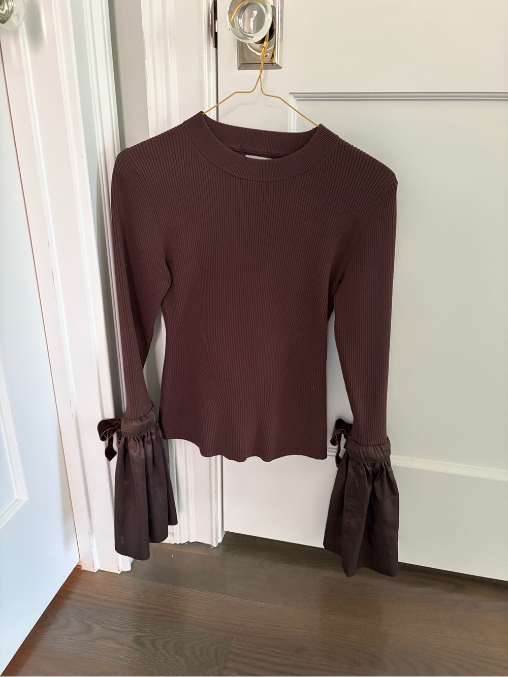 Jonathan Simkhai Chocolate Brown Ribbed Long-Sleeve Top with Satin Tie Cuffs
